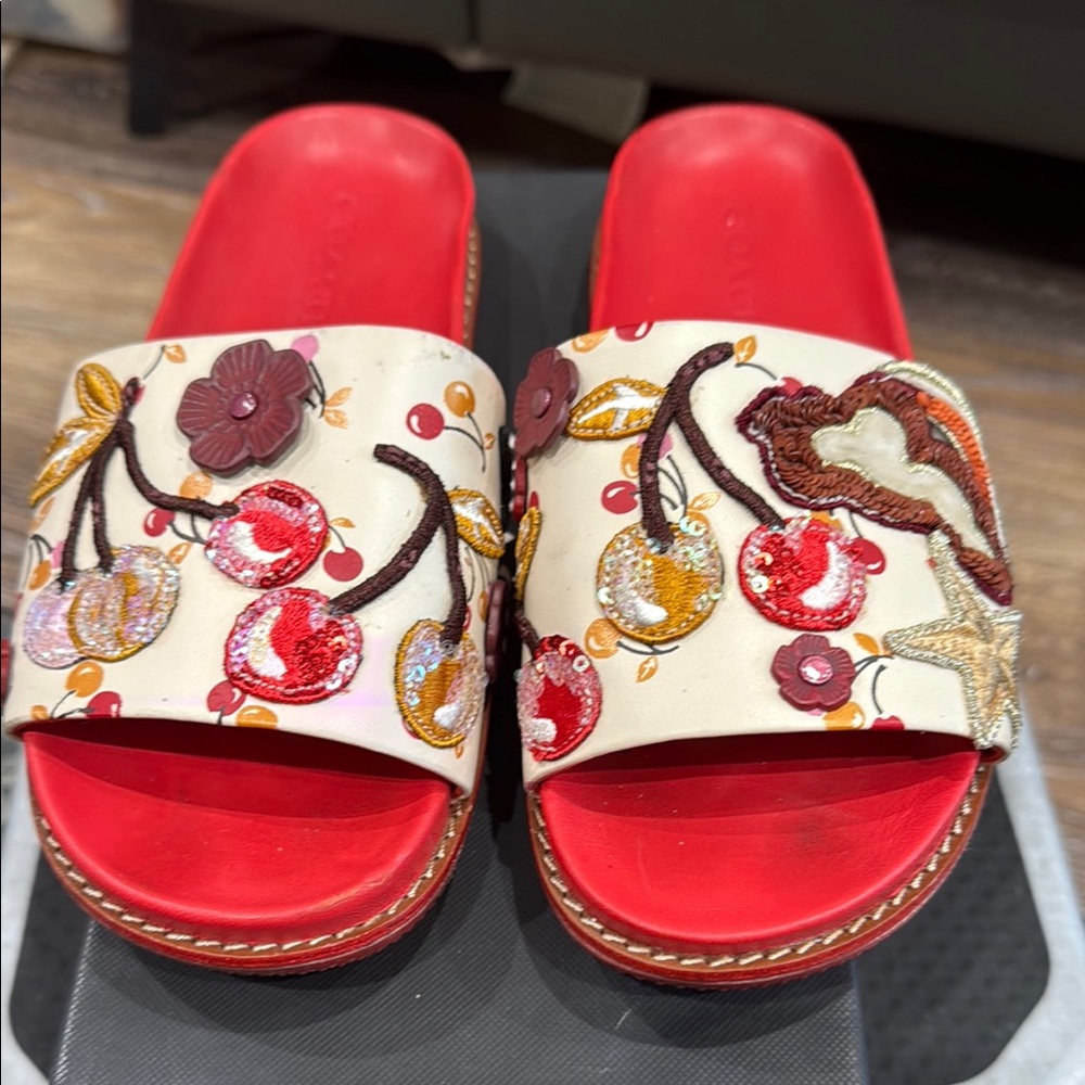 Coach Red and Cream Sandals with Playful Print